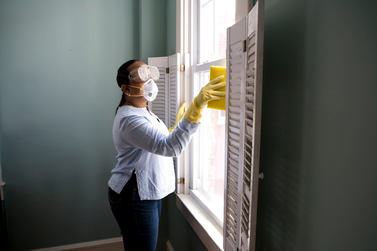 A professional cleaner detailing a glass office partition with a microfiber cloth.